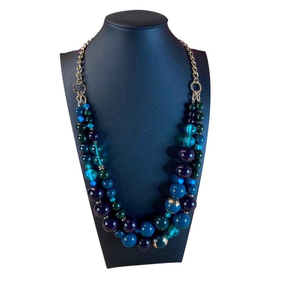 0093 Talbot's Double-Strand Teal, Blue, & Purple Beaded Statement Necklace EUC